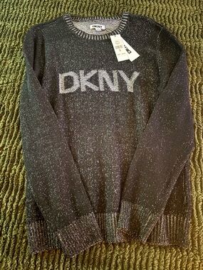 DKNY Logo Black Marled Cotton Polyester Knit Sweater Gorgeous NWT Medium